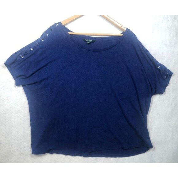 Lauren Ralph Lauren Linen Blend Top Shirt Royal Blue Tie Short Sleeves Womens 3X - Picture 1 of 5
